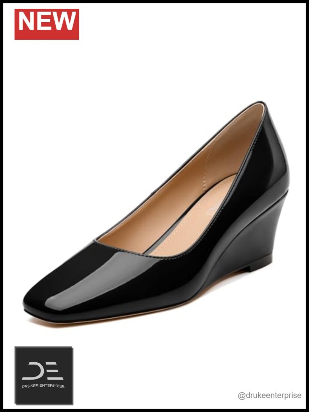 Women's Patent Leather Wedge Pumps Square Toe Slip On 2.5 Inch Heel Dress Shoes